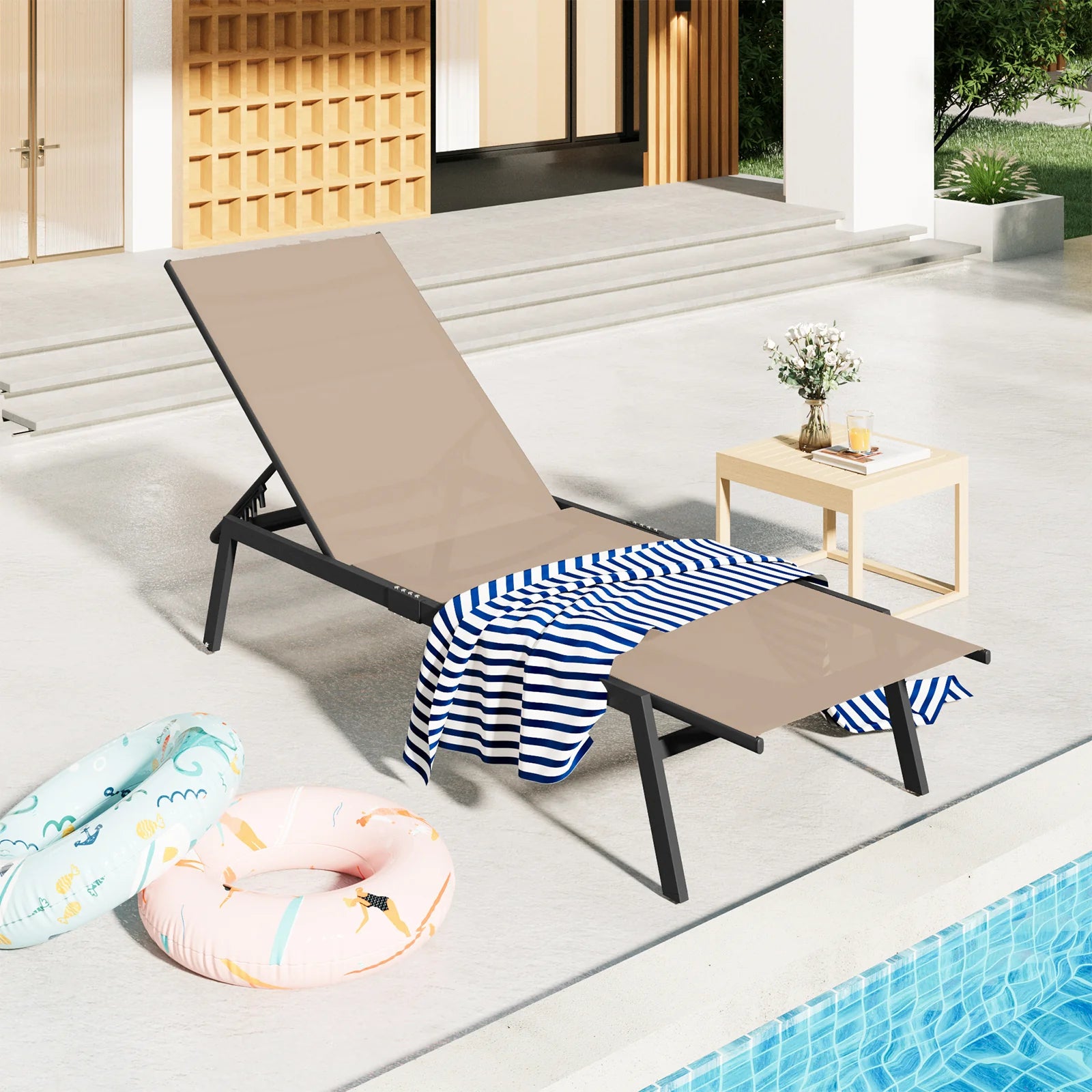 AECOJOY Patio Lounge Chairs, Outdoor Chaise Lounge with Wheels, Beige