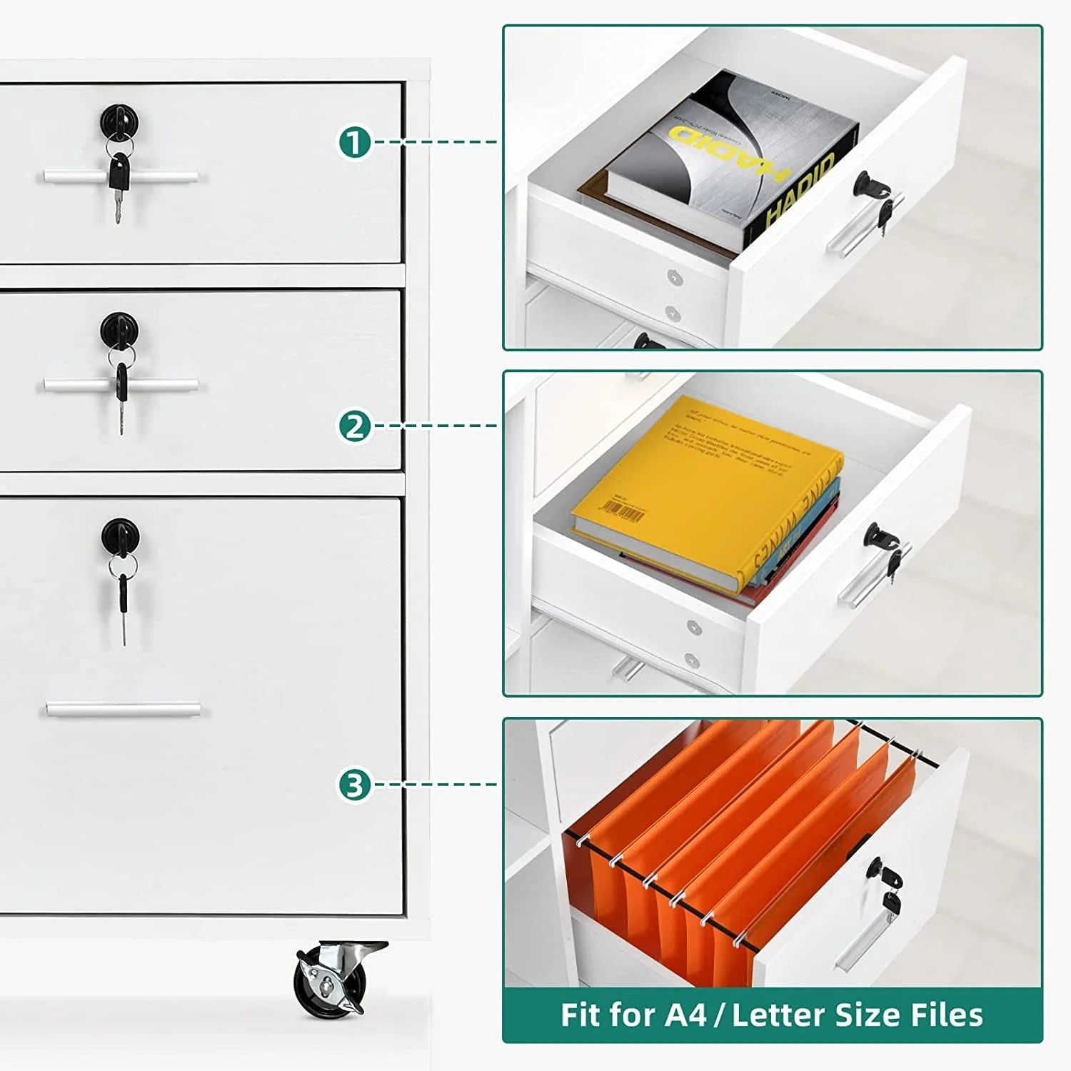 DEXTRUS 3 Drawer Wood Lateral Filing Cabinet with Locks, Printer Stand Storage File Cabinet with Shelves for Home Office, White