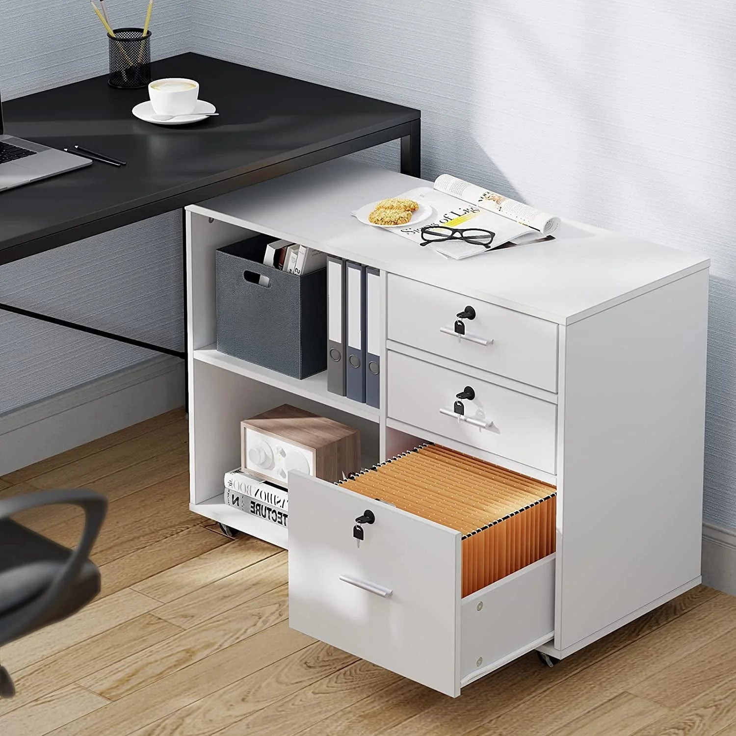 DEXTRUS 3 Drawer Wood Lateral Filing Cabinet with Locks, Printer Stand Storage File Cabinet with Shelves for Home Office, White
