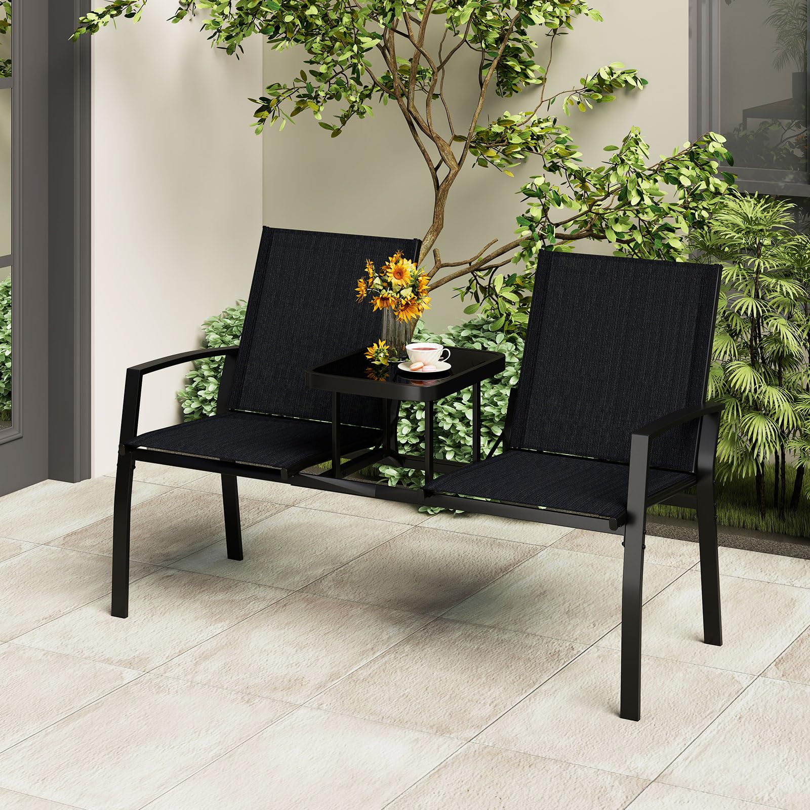 Tangkula Patio Loveseat with Built-in Table with Breathable Fabric Back