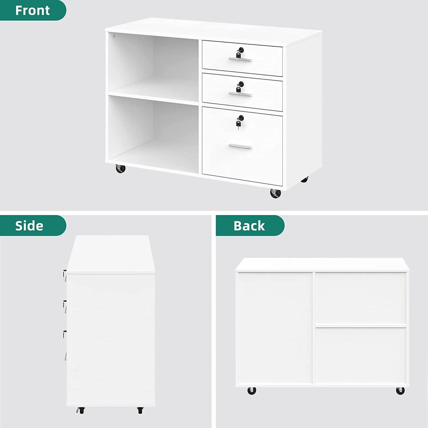 DEXTRUS 3 Drawer Wood Lateral Filing Cabinet with Locks, Printer Stand Storage File Cabinet with Shelves for Home Office, White