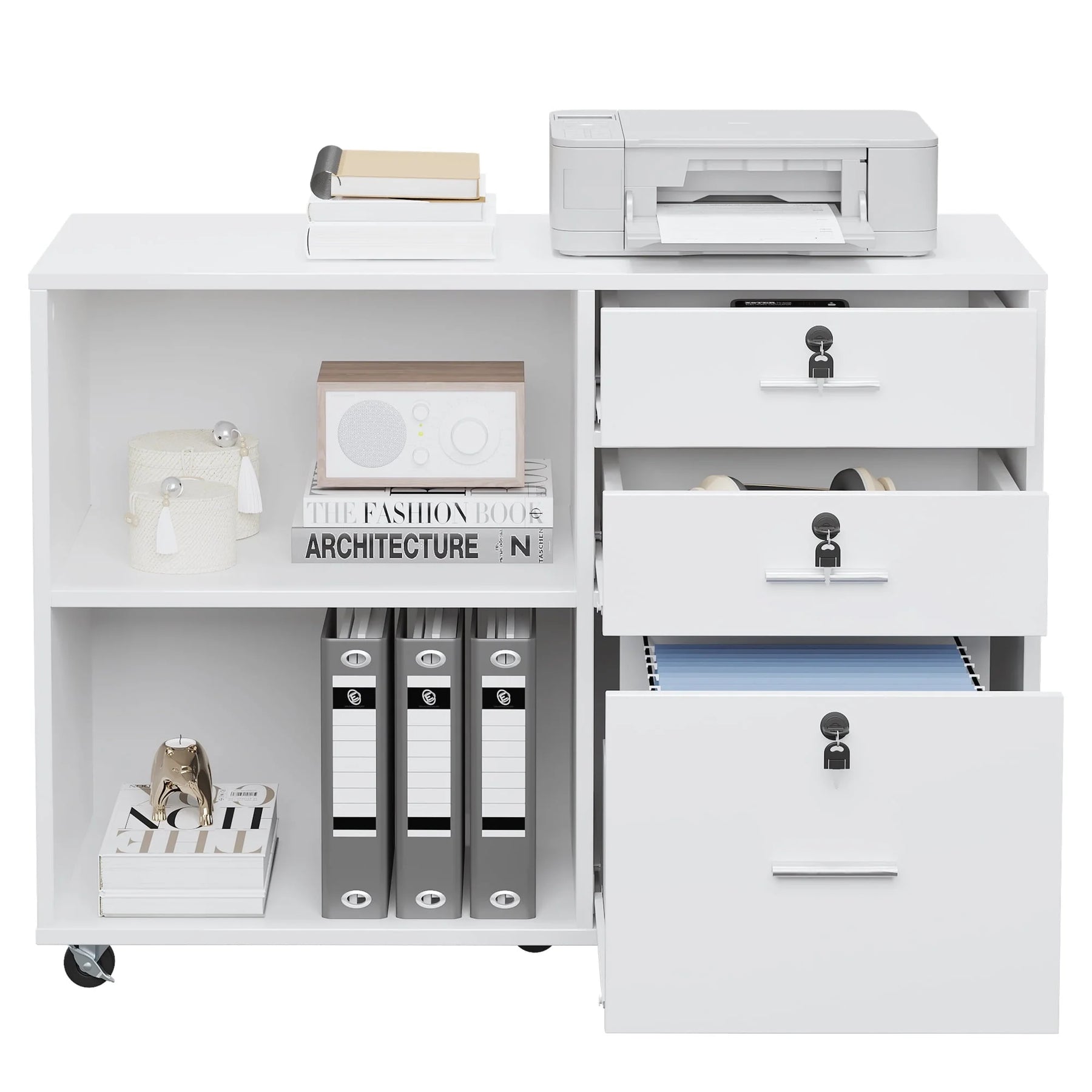 DEXTRUS 3 Drawer Wood Lateral Filing Cabinet with Locks, Printer Stand Storage File Cabinet with Shelves for Home Office, White