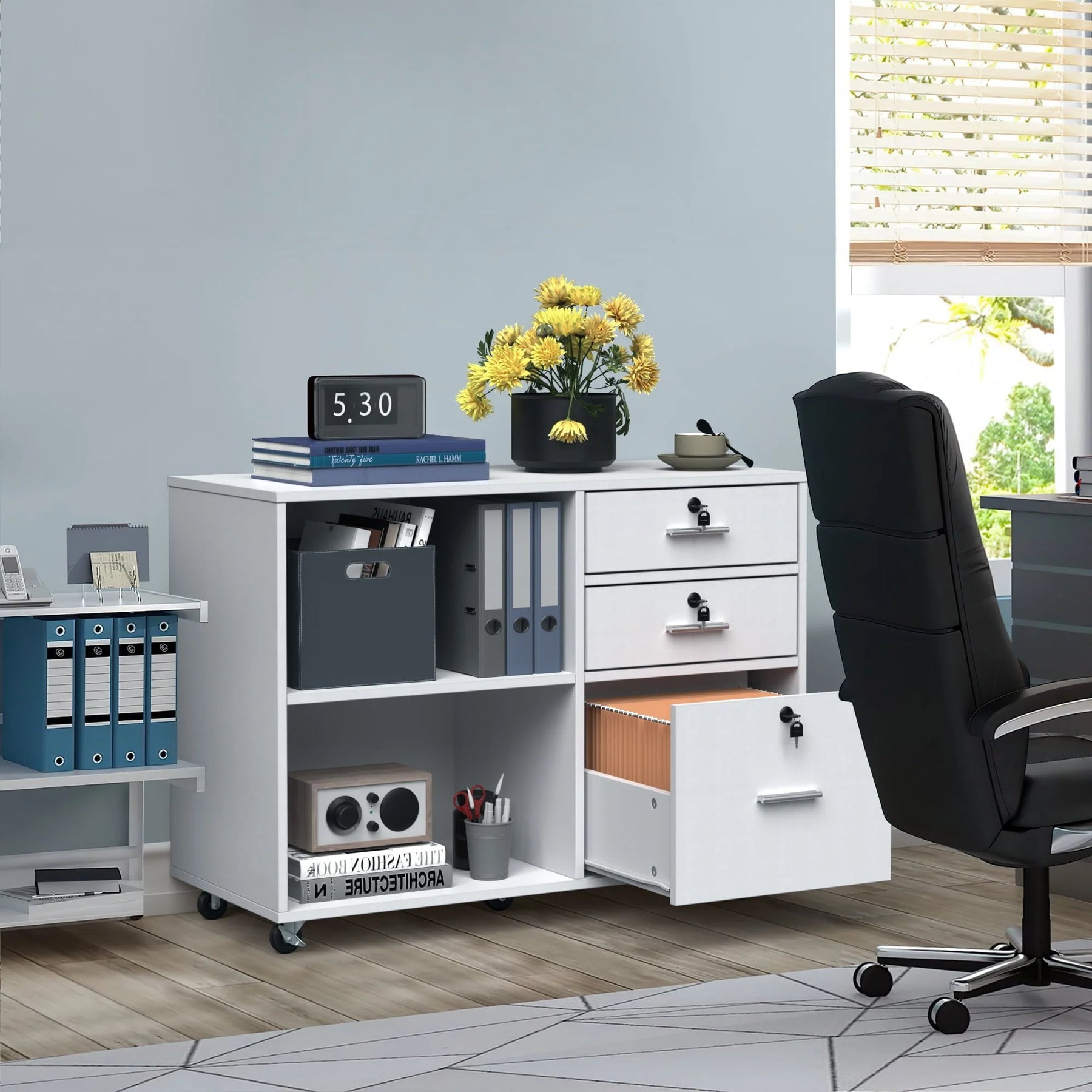DEXTRUS 3 Drawer Wood Lateral Filing Cabinet with Locks, Printer Stand Storage File Cabinet with Shelves for Home Office, White