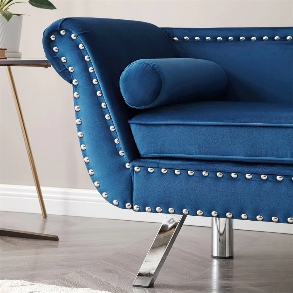 Mid Century Couch, 61 in Velvet Loveseat with 2 Pillows, Upholstered Sofa with Nailhead Trim and Roll Arm for Living Room Bedroom, 400 lb Weight Capacity, Blue