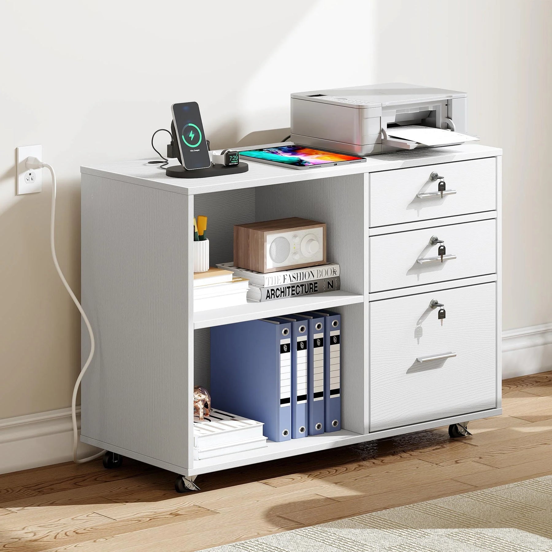 DEXTRUS 3 Drawer Wood Lateral Filing Cabinet with Locks, Printer Stand Storage File Cabinet with Shelves for Home Office, White