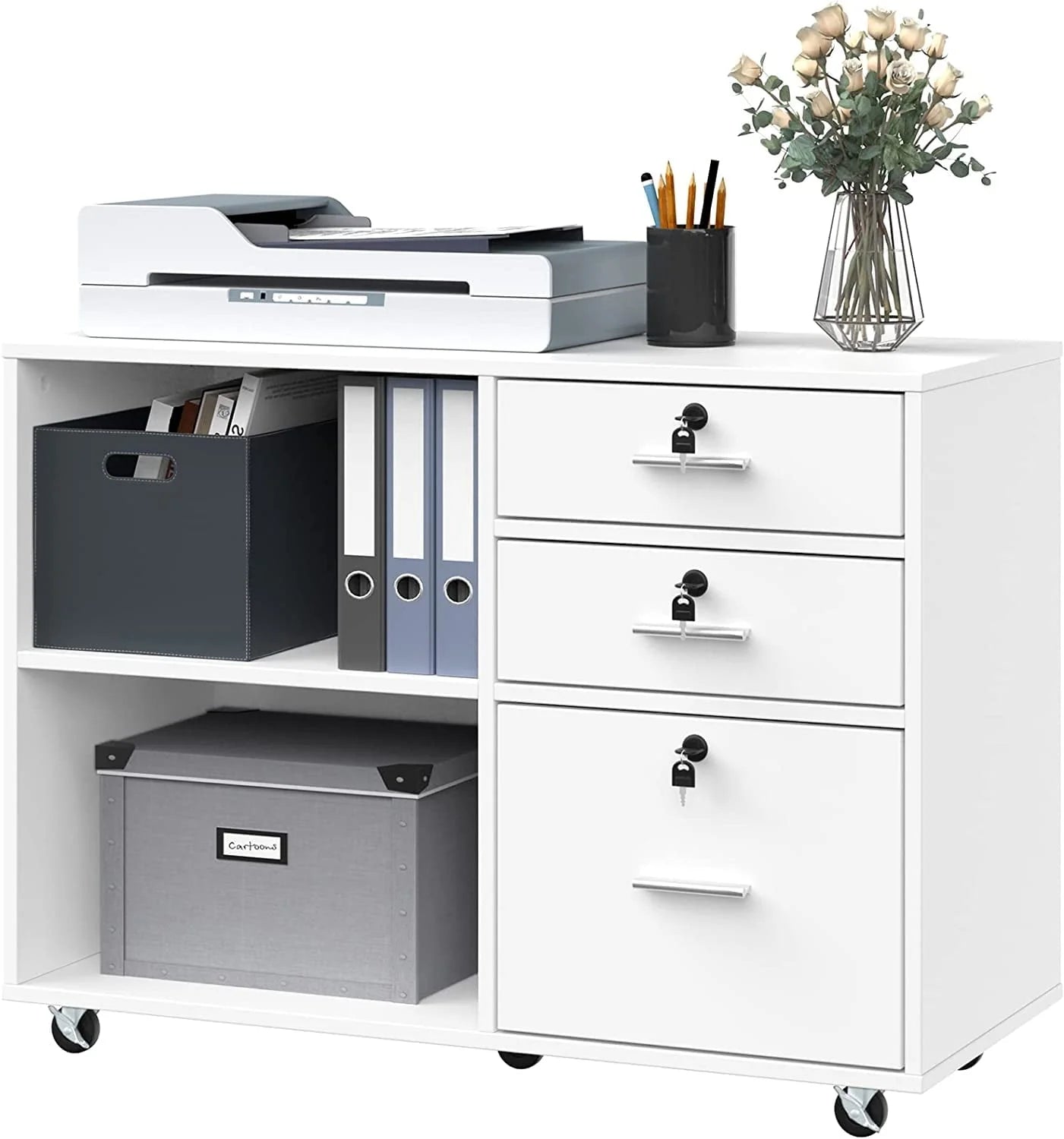 DEXTRUS 3 Drawer Wood Lateral Filing Cabinet with Locks, Printer Stand Storage File Cabinet with Shelves for Home Office, White