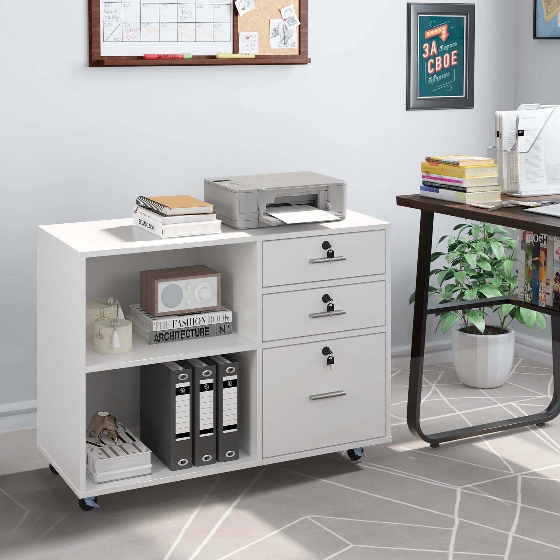 DEXTRUS 3 Drawer Wood Lateral Filing Cabinet with Locks, Printer Stand Storage File Cabinet with Shelves for Home Office, White