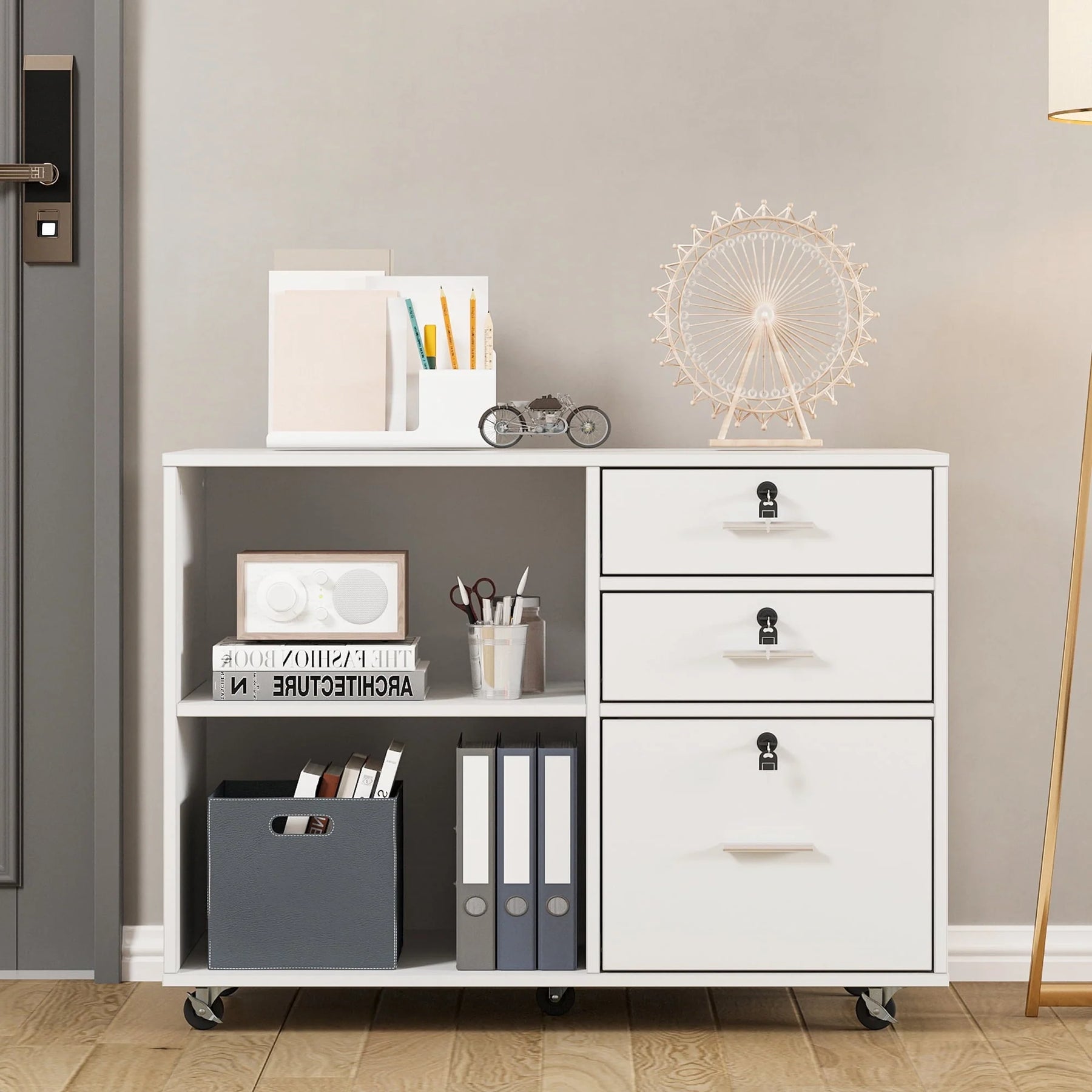 DEXTRUS 3 Drawer Wood Lateral Filing Cabinet with Locks, Printer Stand Storage File Cabinet with Shelves for Home Office, White