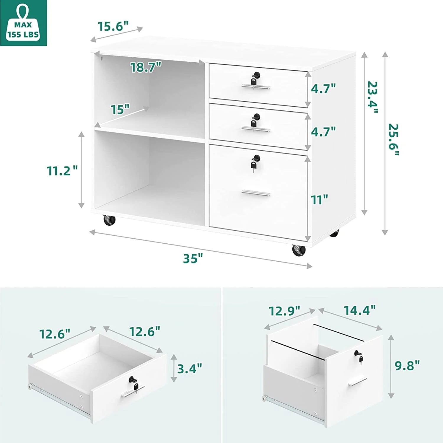 DEXTRUS 3 Drawer Wood Lateral Filing Cabinet with Locks, Printer Stand Storage File Cabinet with Shelves for Home Office, White