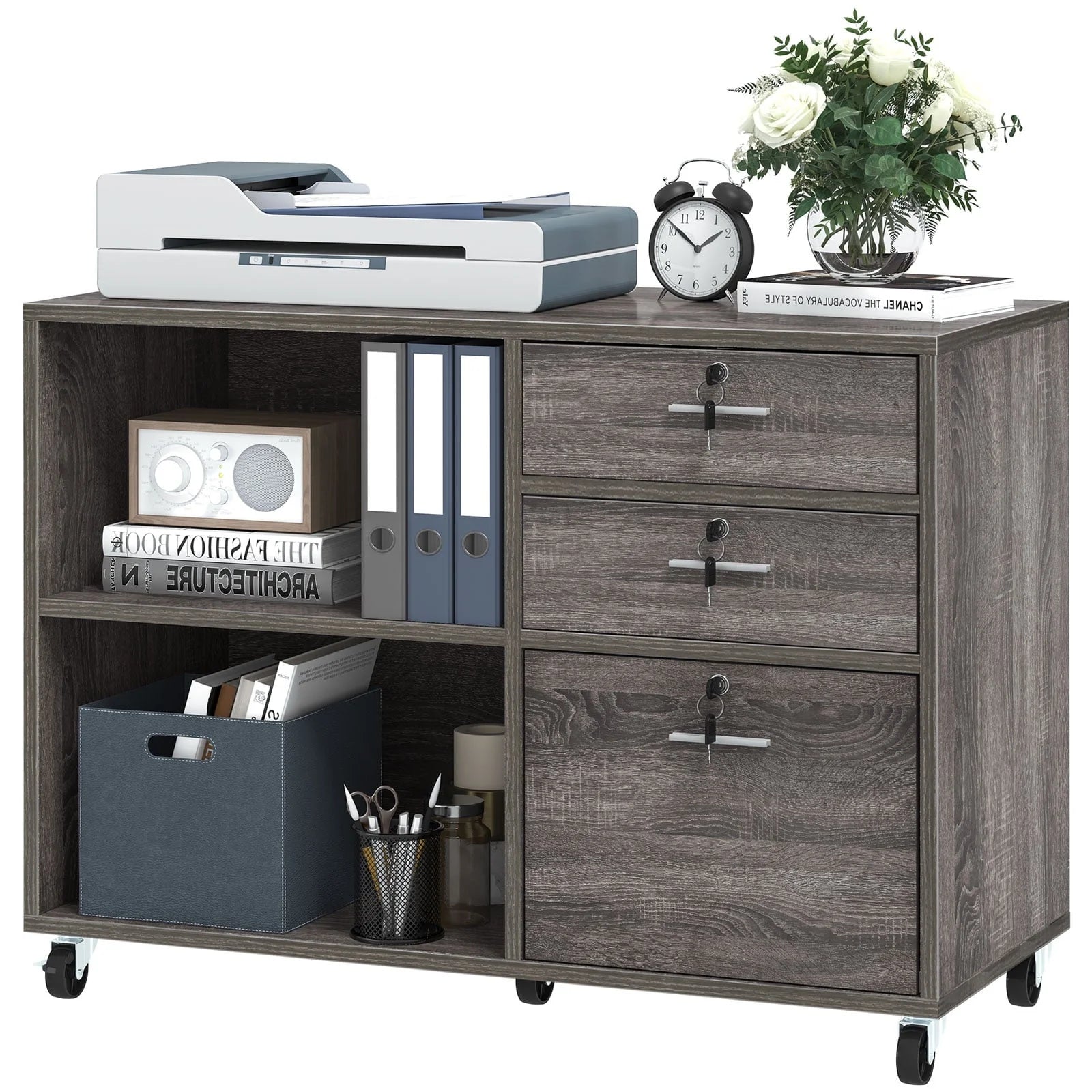 DEXTRUS 3 Drawer Wood Lateral Filing Cabinet with Locks, Printer Stand Storage File Cabinet with Shelves for Home Office, White